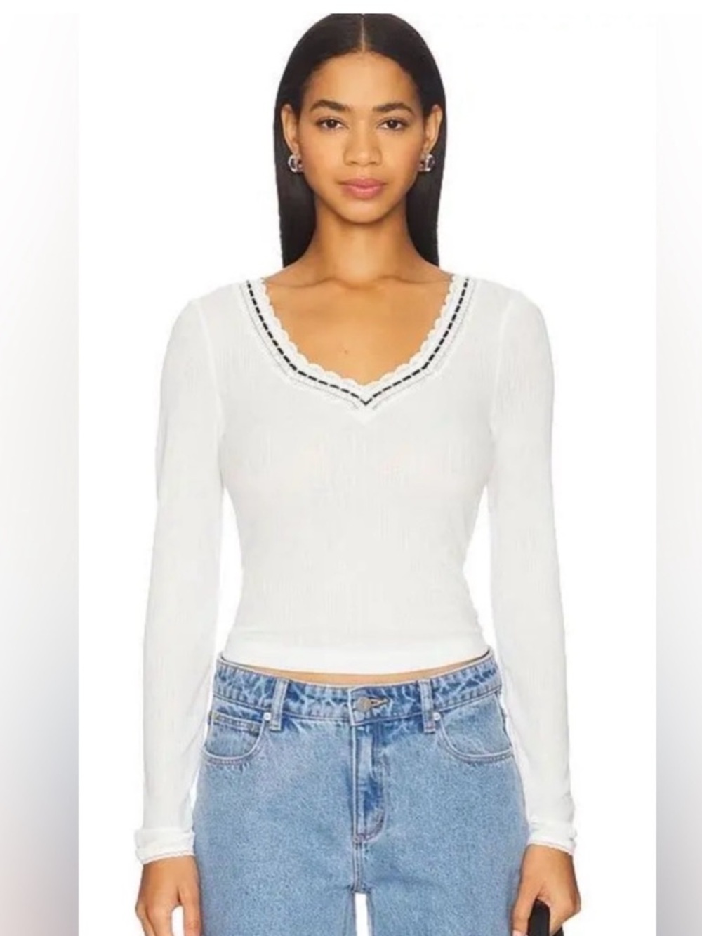 NWT Free People Ribbed V-Neck Long Sleeve Top - Picture 3 of 8